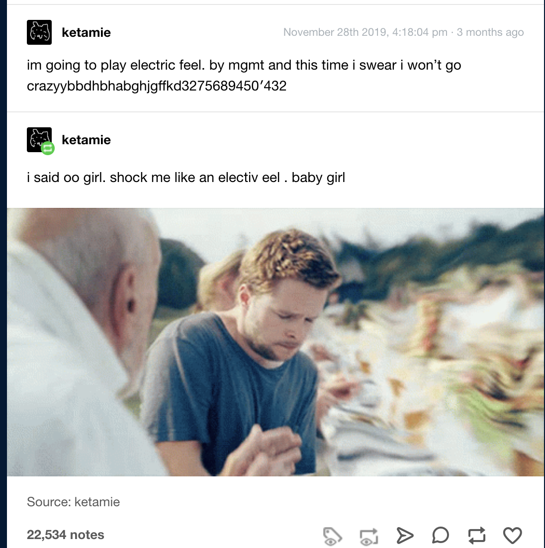 A pair of Tumblr posts. The first reads “im going to play electric feel. by mgmt and this time i swear i won’t go crazyybbdhbhabghjgffkd3275689450’432” The second reads “i said oo girl. shock me like an electiv eel . baby girl” and is paired with a screenshot from the movie “Midsommar,” in which a character is clearly having a bad trip. The post has 22,534 notes.