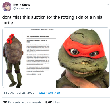 @bravemule tweets “dont miss this auction for the rotting skin of a ninja turtle” with, yes, horrible pictures. 