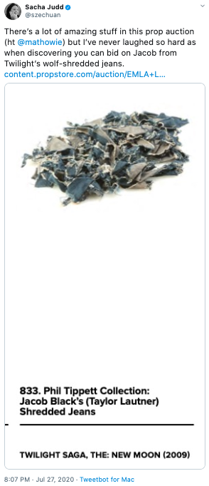  @szechuan tweets “There’s a lot of amazing stuff in this prop auction (ht @mathowie) but I’ve never laughed so hard as when discovering you can bid on Jacob from Twilight’s wolf-shredded jeans.” It accompanies a picture of rags. 
