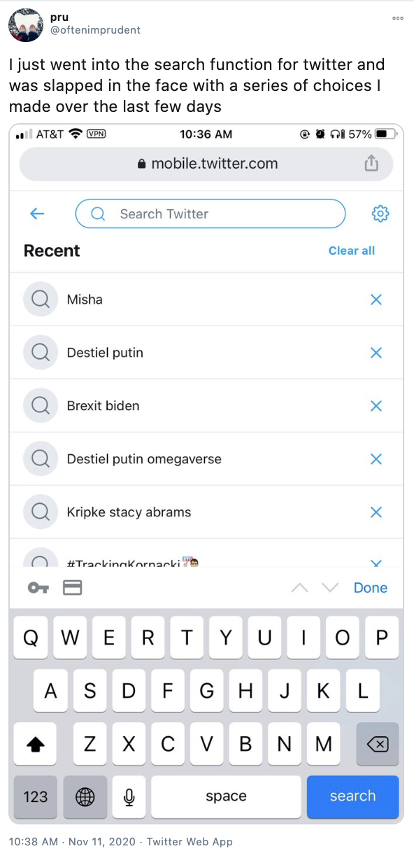  @oftenimprudent writes, “I just went into the search function for twitter and was slapped in the face with a series of choices I made over the last few days.” The searches are “Misha, Destiel putin, Brexit biden, Destiel putin omegaverse, Kripke stacy abrams.” 