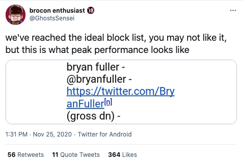  @GhostsSensei writes: “we’ve reached the ideal block list, you may not like it, but this is what peak performance looks like” with an image of Bryan Fuller on a block list. 