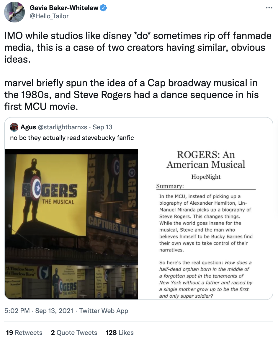  Gav says, “IMO while studios like disney *do* sometimes rip off fanmade media, this is a case of two creators having similar, obvious ideas. marvel briefly spun the idea of a Cap broadway musical in the 1980s, and Steve Rogers had a dance sequence in his first MCU movie.” 