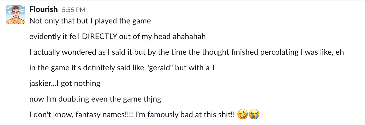 Screenshot from Flourish's slack messages about Witcher character pronunciations
