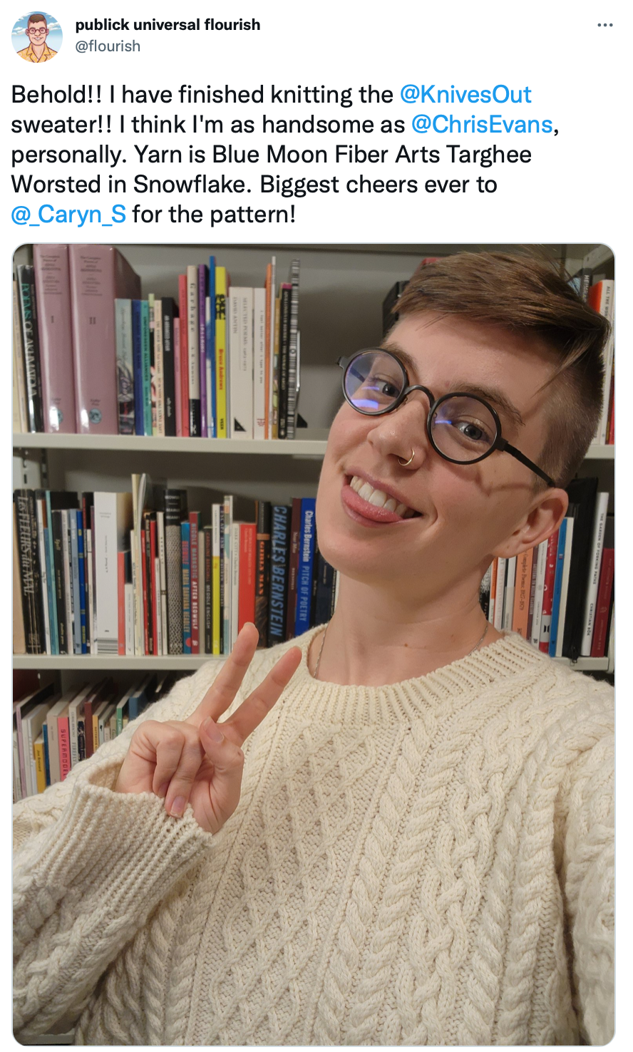 Screenshot of a tweet from Flourish featuring a photo of them in a sweater. Caption too long for Ghost: please see https://twitter.com/flourish/status/1583648905203699714