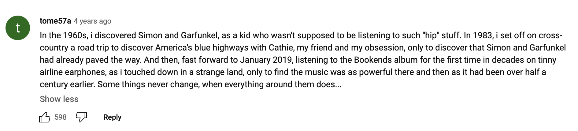 Screenshot of a YouTube comment from tome57a. Apologies, the text too long for Ghost alt-text; please click through to read.