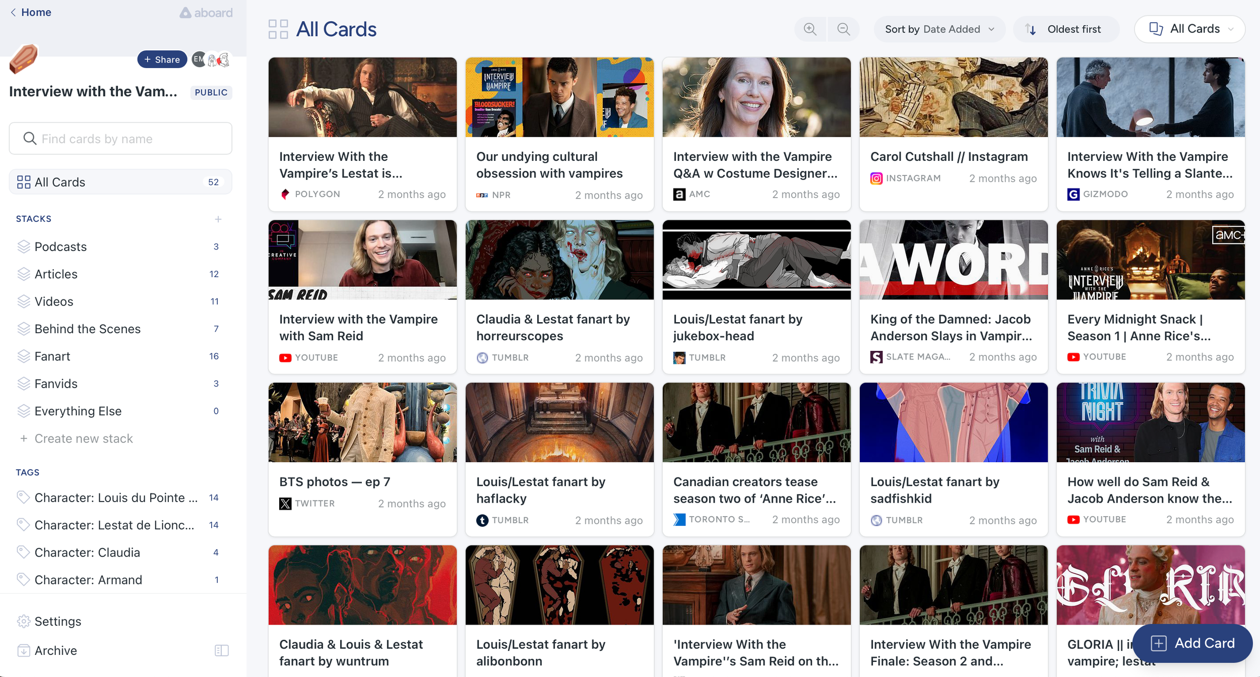 Screenshot of Elizabeth's Interview with the Vampire board