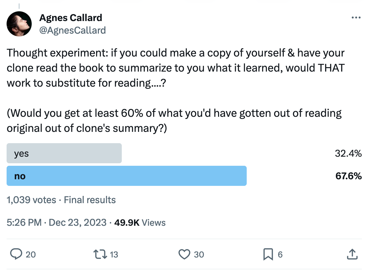 Screenshot of a tweet from Agnes Callard; full text will not fit in Ghost's alt text so please click through the link