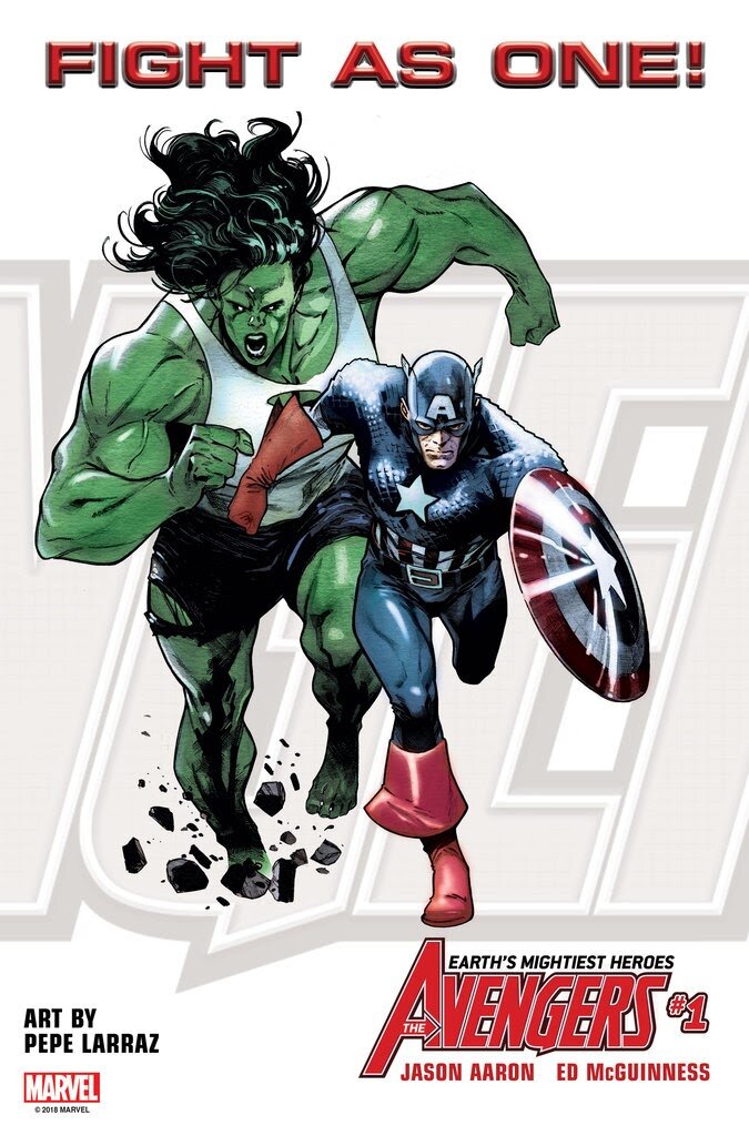  A very large She-Hulk dwarfs Captain America on the cover for Avengers #1