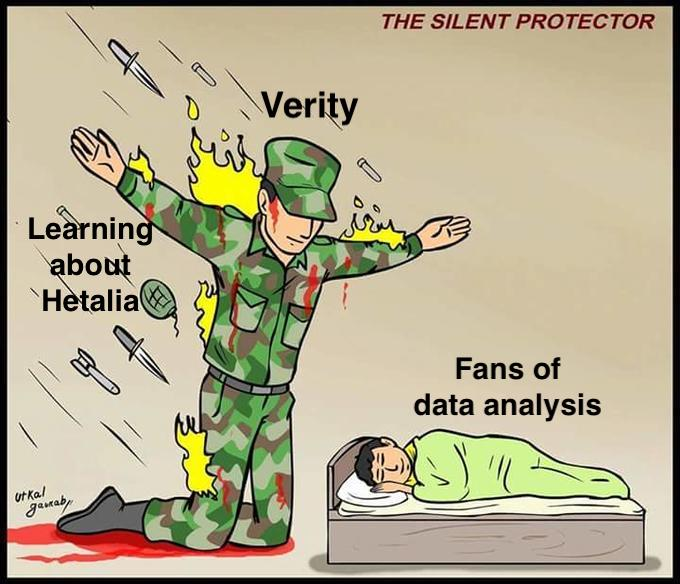  The silent protector meme, in which 'Learning about Hetalia' is the rain of bombs, bullets, and knives, verity is the soldier kneeling with arms outstretched to protect the sleeping child, and the child is 'Fans of data analysis.' 