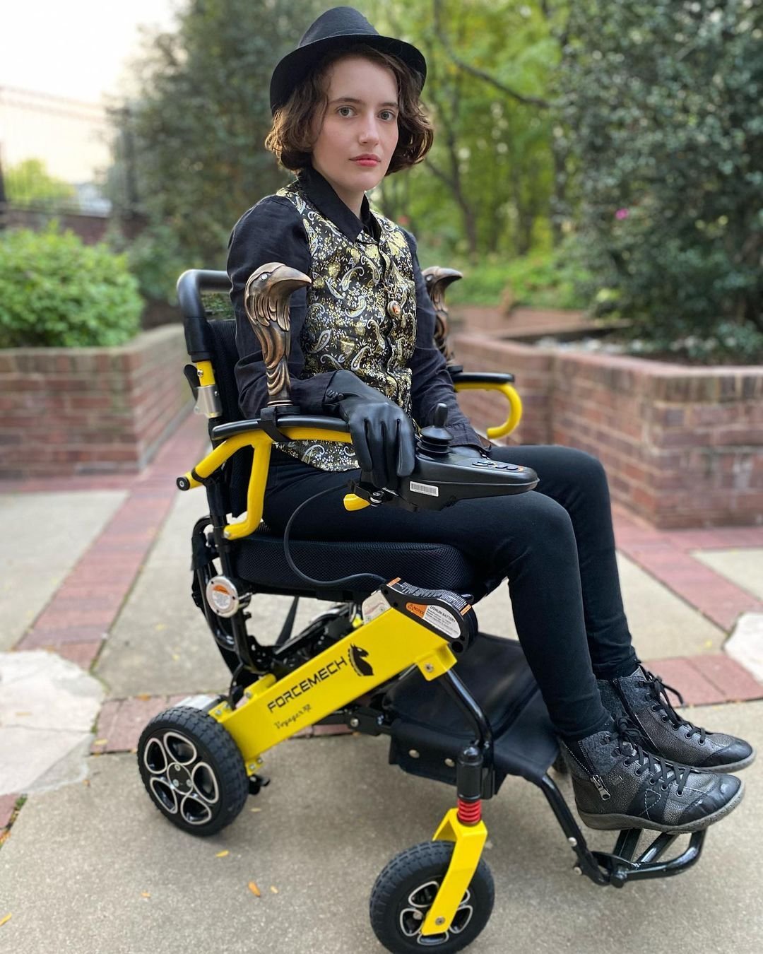 Figure facing the camera in a hat, waistcoat, and leather gloves, seated in a wheelchair with bronze bird heads on its armrests.