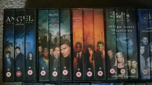  A row of Buffy and Angel VHS cases. 