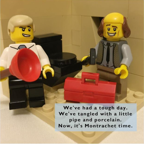  Lego Frasier says, “We’ve had a tough day. We’ve tangled with a little pipe and porcelain. Now it’s Montrachet time.” 