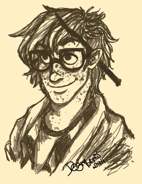  A sketch of James Sirius Potter, with freckly face and a wand behind his ear. 