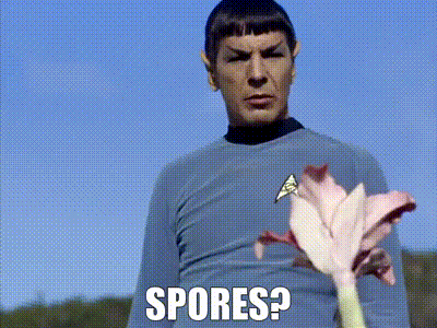 Animated gif of Spock getting sprayed by a flower, captioned SPORES?
