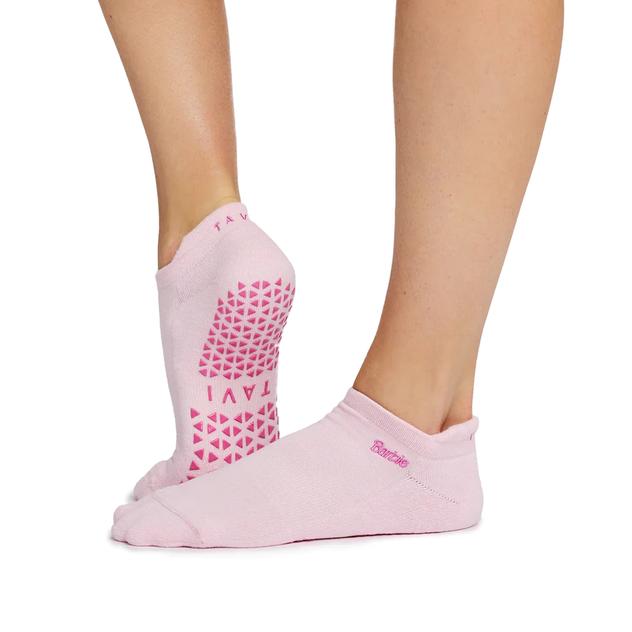 Photograph of light pink Barbie-branded toe socks