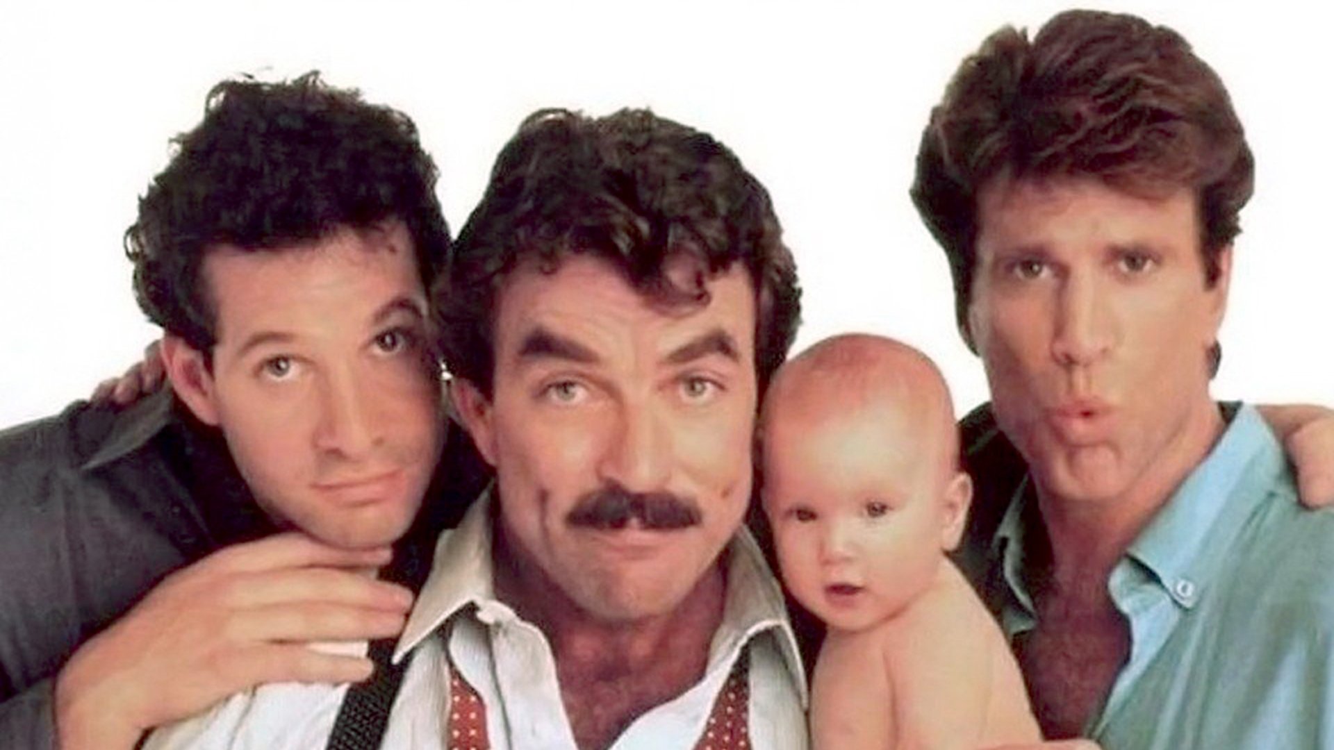 Promotional photo from Three Men and a Baby featuring Steve Guttenberg, Tom Selick, and Ted Danson (and a baby)