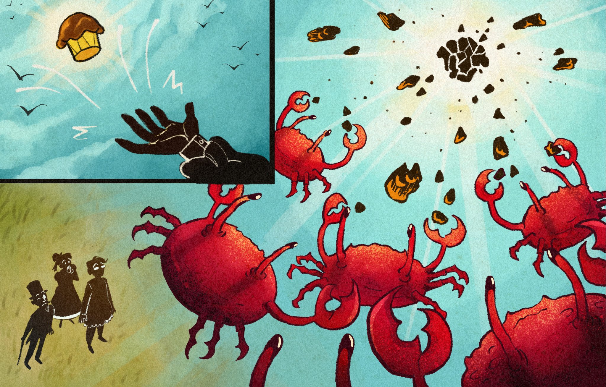 Illustration from Tumblr featuring a bunch of crabs, with a cutout panel showing a cupcake floating above a hand