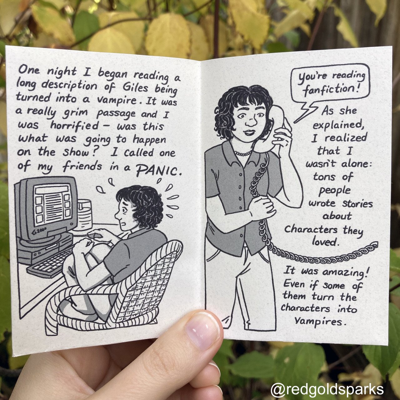Image of a spread of a comic in a TinyZine. Click the link above for full alt-text/image description (apologies, will not fit here)