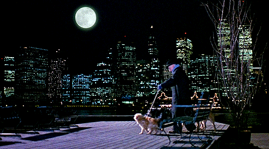 Animated gif of the grandfather from Moonstruck, walking his dogs on the Brooklyn waterfront, looking at the Manhattan skyline and Cosmo's Moon!!!