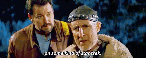 Animated gif from Star Trek First Contact of Riker and James Cromwell. JC says, "on some kind of star trek," captioned here.