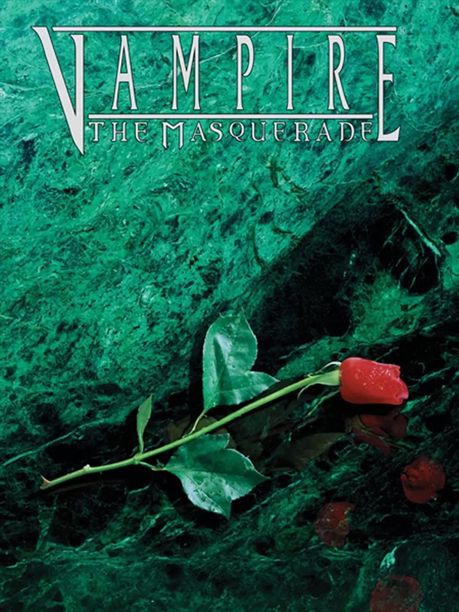 Image of Vampire the Masquerade featuring green marble and a red rose. 