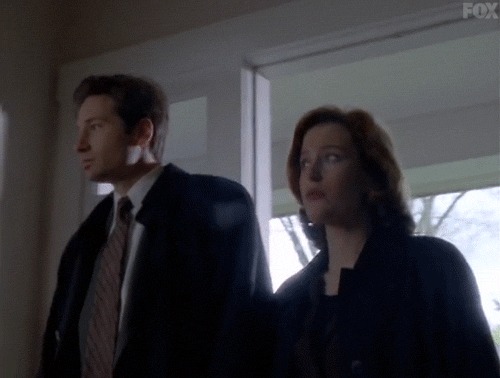  Mulder and Scully walk into a crime scene. 