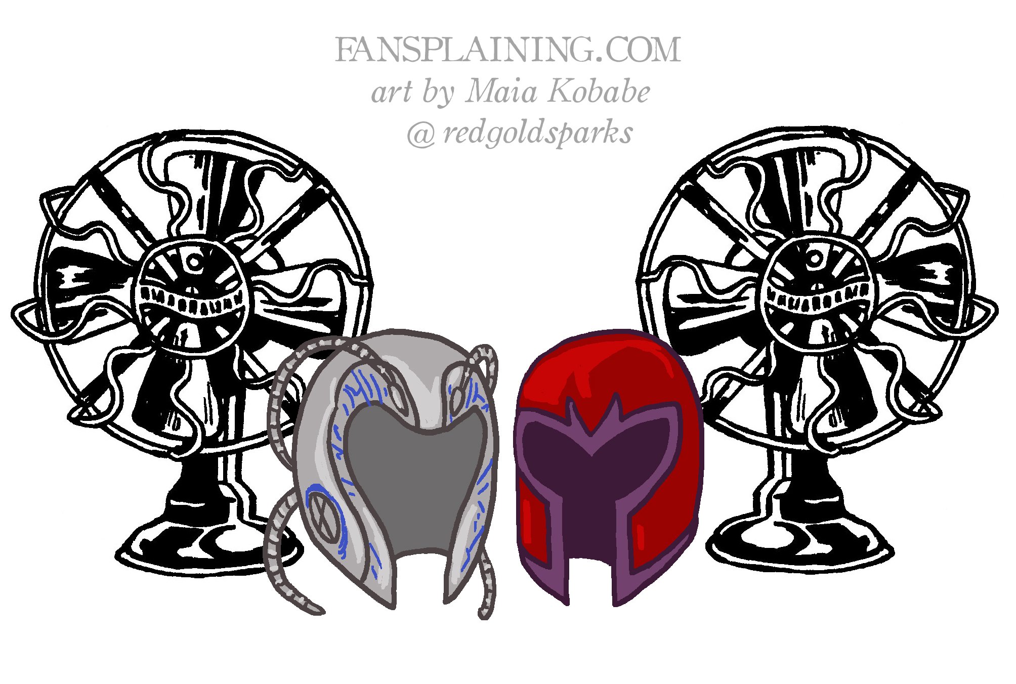 Two fan logos, one with Charles Xavier's Cerebro helmet, the other with Erik Lehnsherr's Magneto helmet. Text reads FANSPLAINING.COM art by Maia Kobabe @redgoldsparks