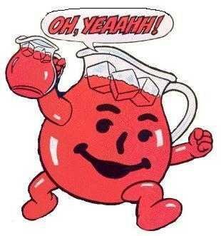 Drawing of the Kool-Aid man with the speech bubble "OH, YEAAAHH!"