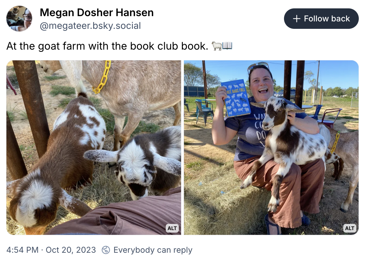 Two photos: one of goats, one of the author holding the book with a goat on their lap. Caption: "At the goat farm with the book club book."