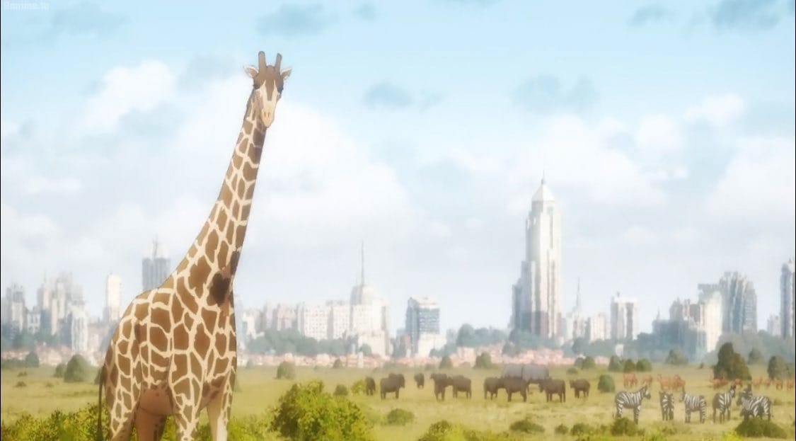 Image from the Jujutsu Kaisen movie featuring a giraffe in the foreground, other animals including zebras a bit further back, and buildings along the horizon.
