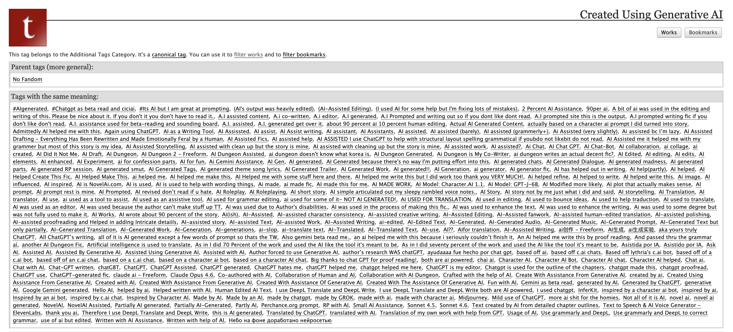 Screenshot from AO3 featuring hundreds of tags that fall under the “Created Using Generative AI” parent tag.