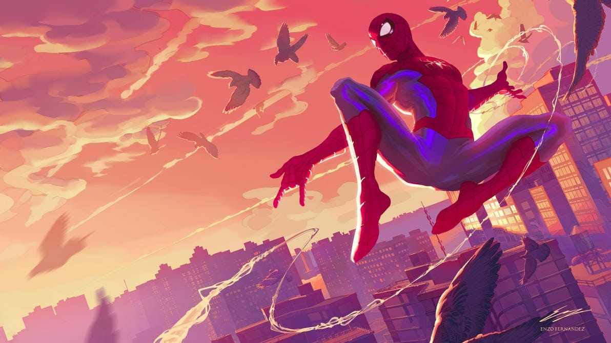 Spider-Man, tucked into a crouch in mid-air, leaps off to the right of the composition against a bright pink-and-orange sunset cityscape.