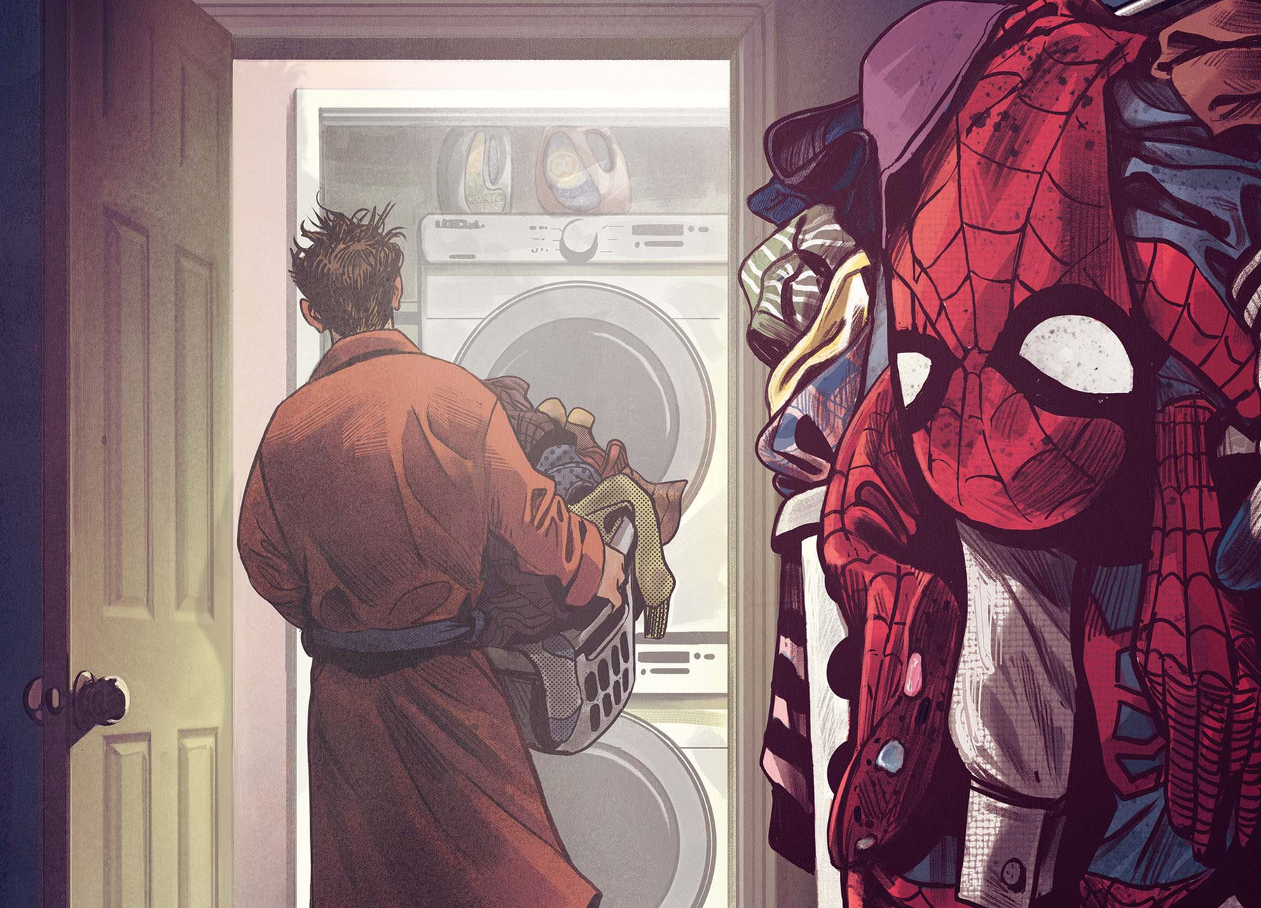 A man in a bathrobe with tousled hair heads into a laundry room. In the foreground, a red Spider-Man costume lies limply atop a pile of laundry.