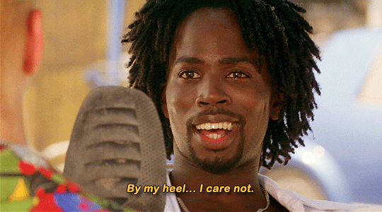 Animated gif of Mercutio from Romeo + Juliet with his foot in the air, saying "By my heel...I care not."