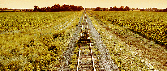 Animated gif of a wide show from O Brother Where Art Thou featuring a man pumping a rail cart along a track