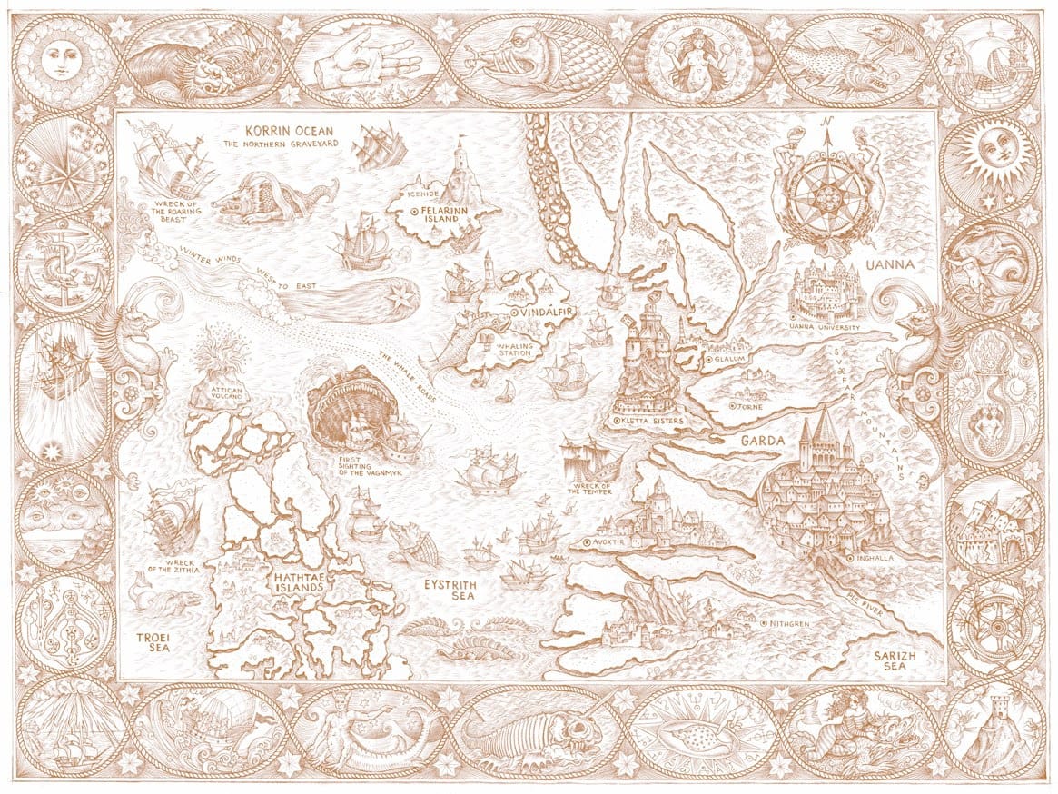 A fantasy map done in soft shades of tan.