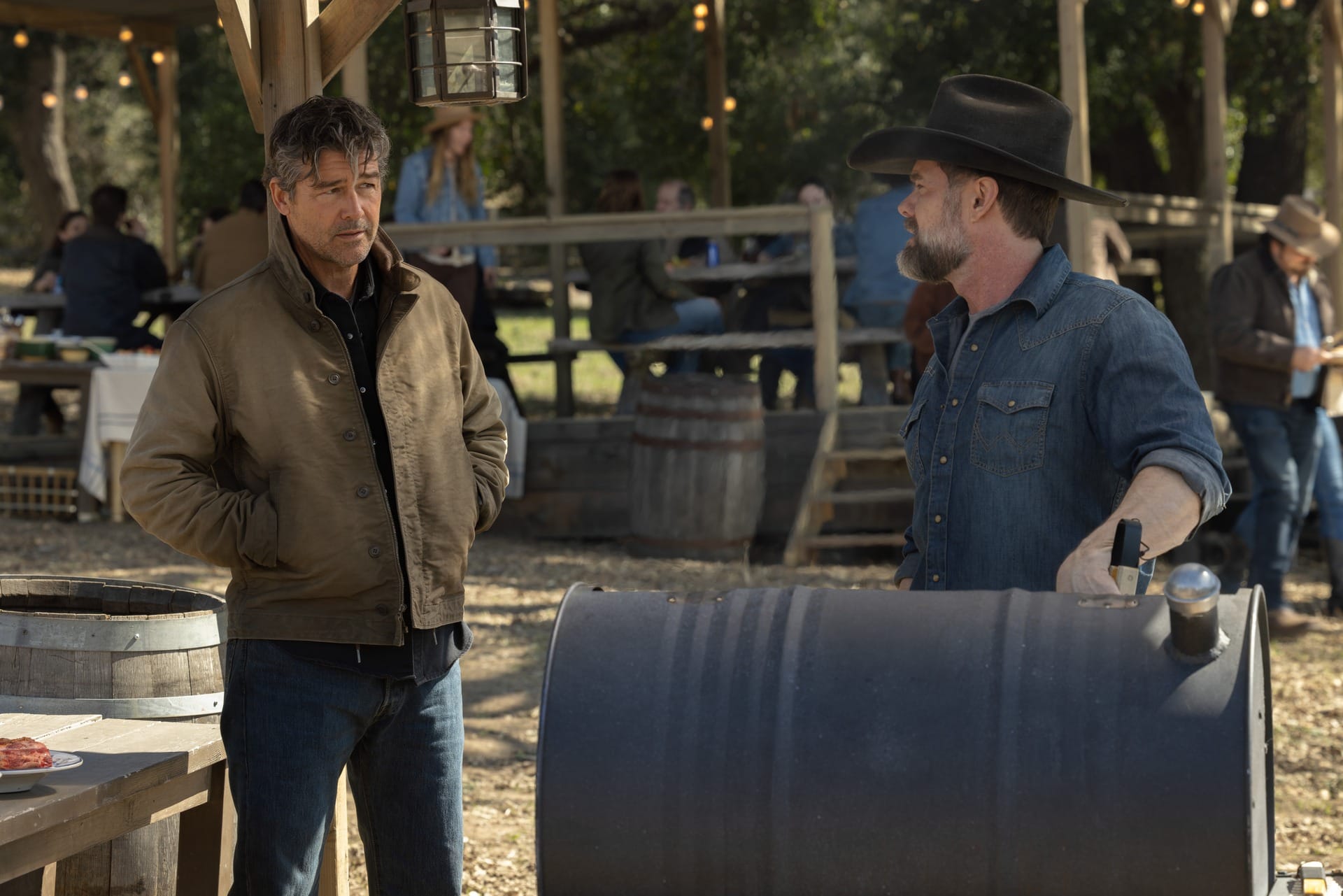 Production still of Hal and Macon on Macon's compound