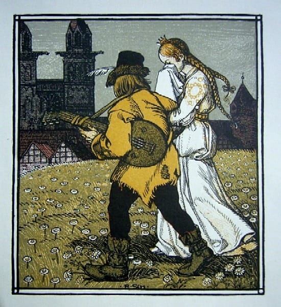 Illustration featuring "the beggar" with a yellow jacket, holding a stringed instrument (lute?), leading the weeping princess, dressed in white, through a field.