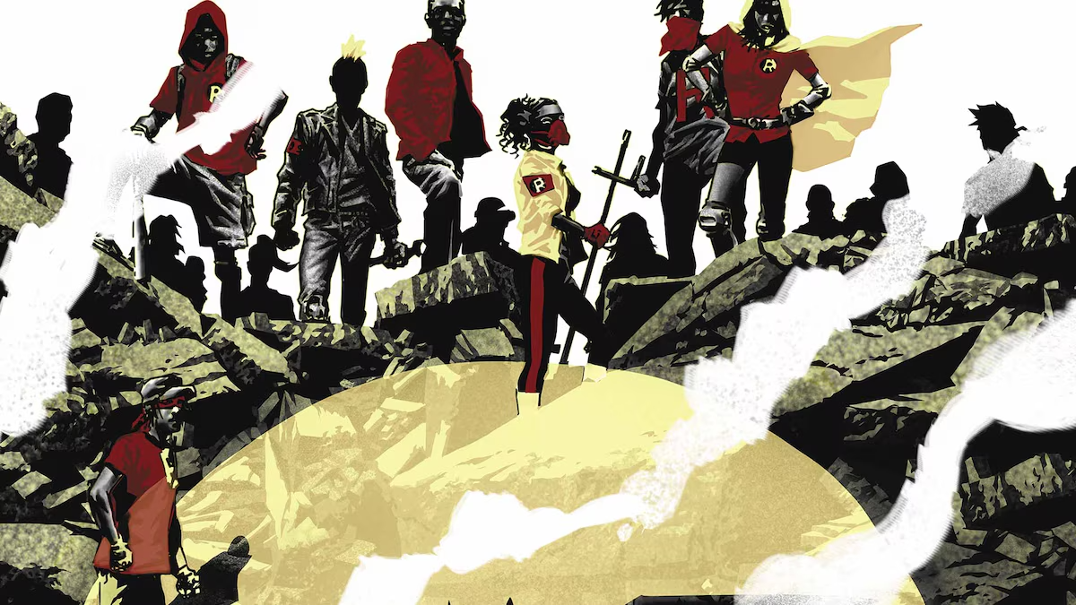 Stylized drawing featuring the cover art from the first We Are Robin, many figures in jackets or tops with Robin's "R" on them.