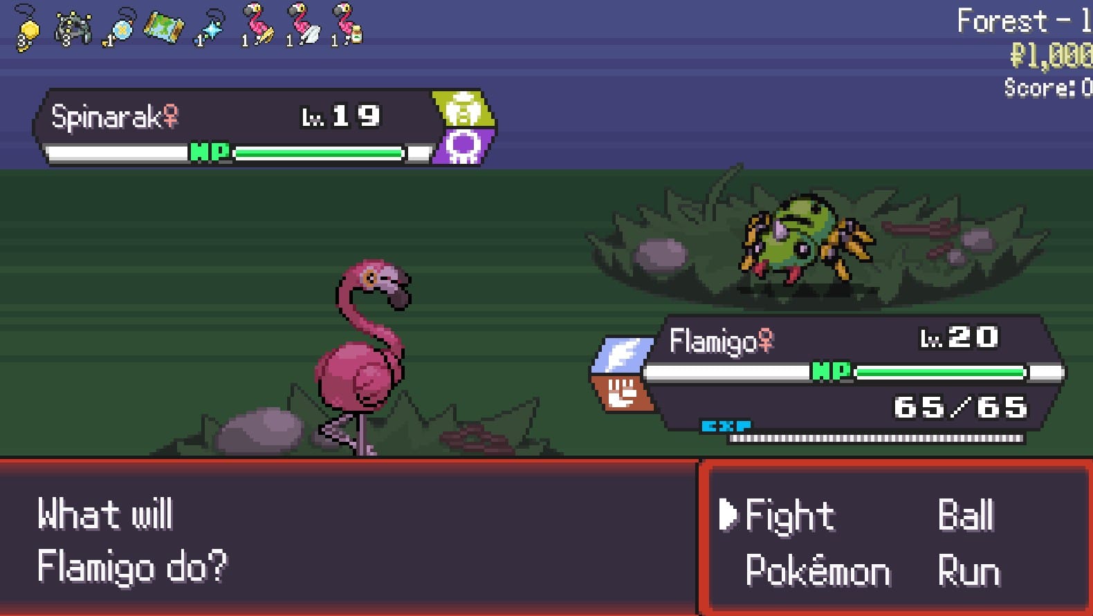 A Pokémon battle arena; a pink bird that looks like a flamingo facing a green spider. There is a ton of information on the screen, including a Fight Menu, stat blocks, and eight extra item slots on the top left.