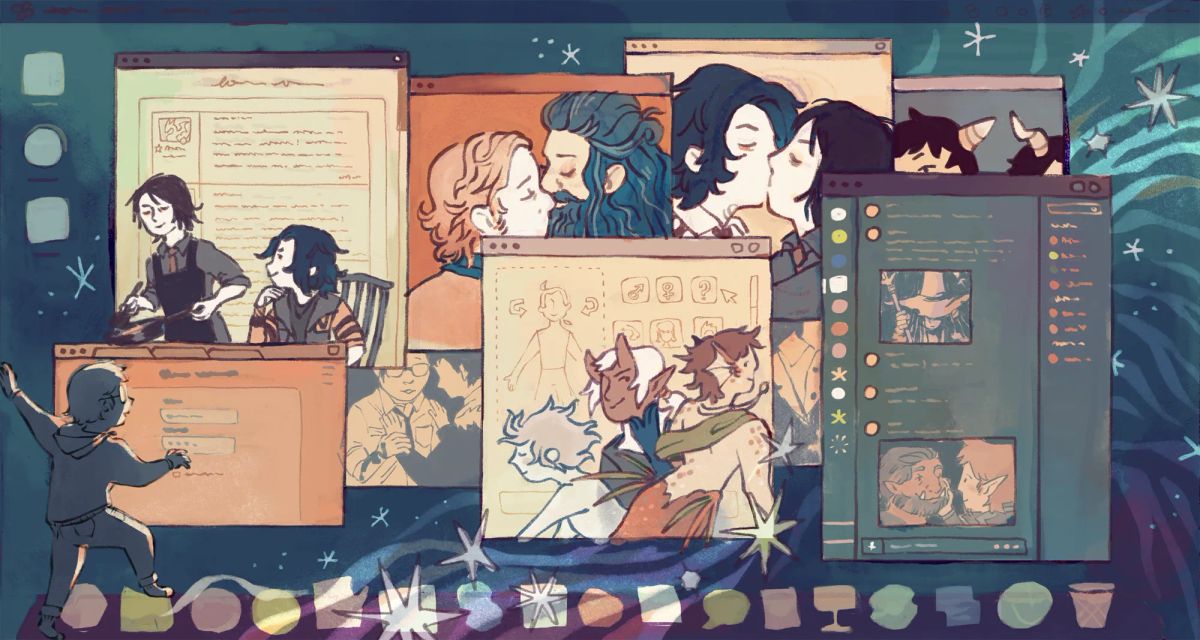 Illustration featuring a computer desktop with chat windows and images of popular ships kissing, with a figure in the corner climbing through the screen.