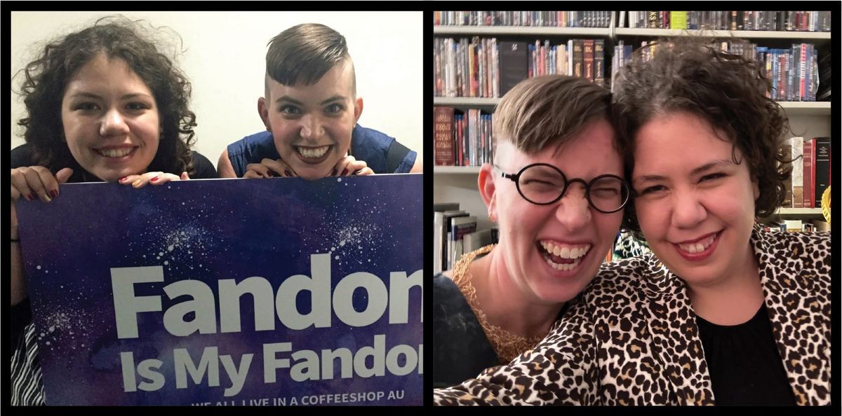 1) Flourish and Elizabeth posing behind a purple banner that says "Fandom Is My Fandom" 2) F and E in front of a set of bookshelves, F in a gold necklace and E in a leopard print blazer.
