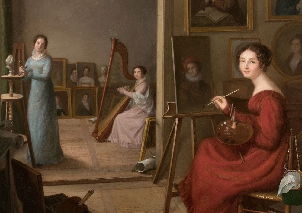 Triple self-portrait painting in which a woman depicts herself sculpting, playing the harp, and painting a portrait.