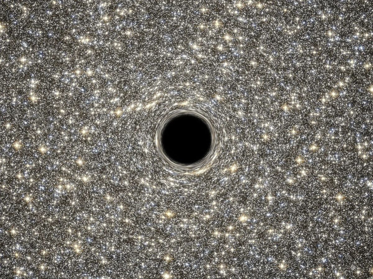 Illustration of a very dense galaxy of stars—appearing as mostly gold and silver—with a large black hole in the shape of a perfect black circle sitting in the middle.