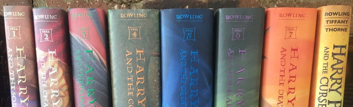 Harry Potter hardcovers in a row. The final book’s authors are listed as Rowling | Tiffany | Thorne.