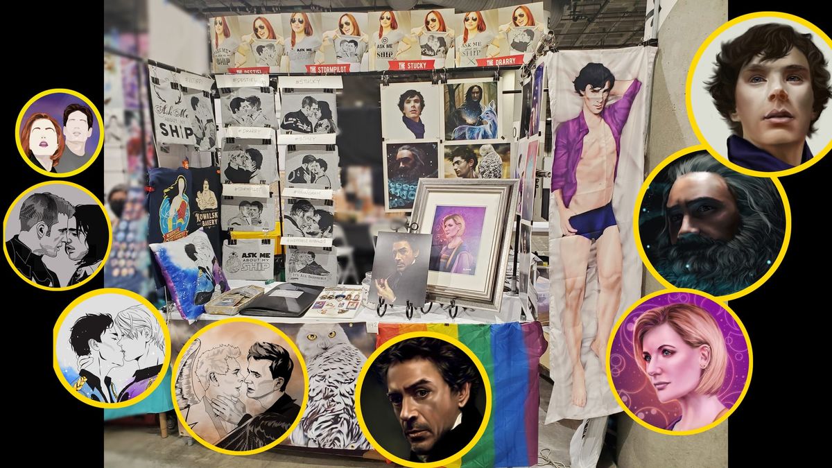 Photograph of a con booth featuring a variety of fanart for sale, with closeup cut-outs of a variety of characters in yellow circles.