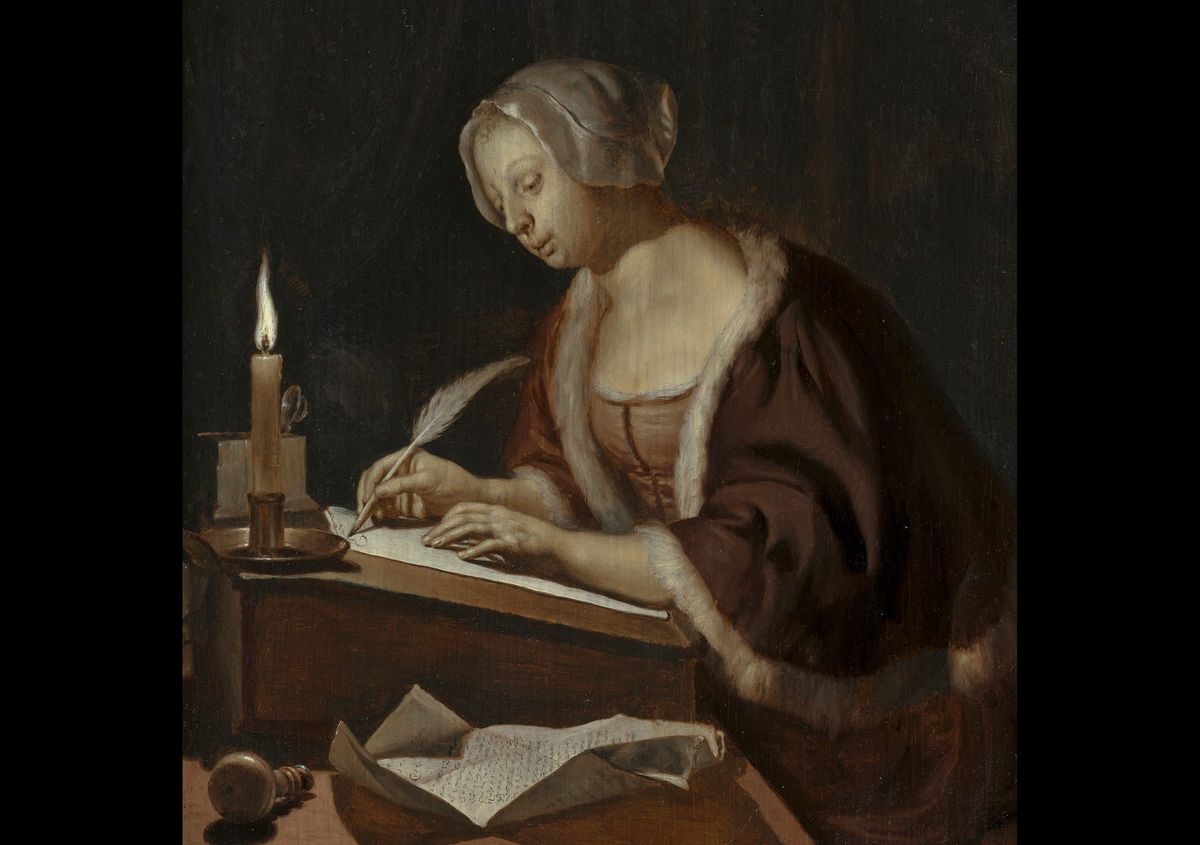 A painting of a woman writing with a quill by candlelight.