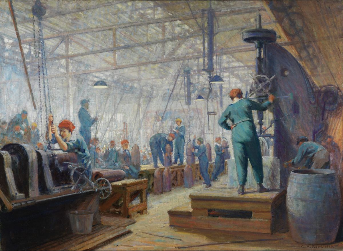 A painting of women working in a factory: George Agnew Reid's "Women Operators" from 1919.