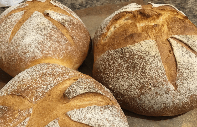  Photograph of three loaves of crusty bread. 