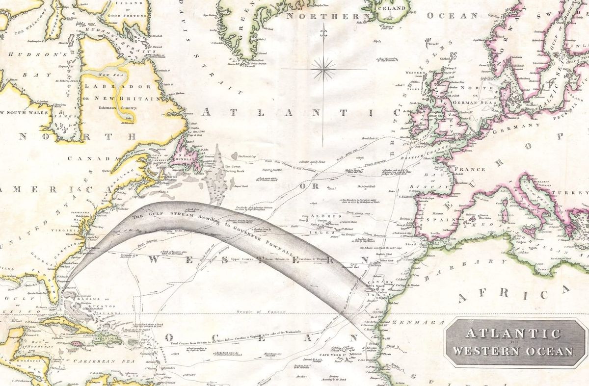 An old map of the Atlantic Ocean. 